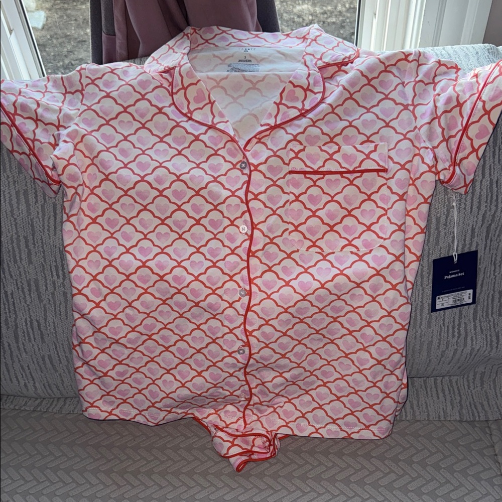 Roller Rabbit Heart Print Pink & White Short Sleeve Pajama Top